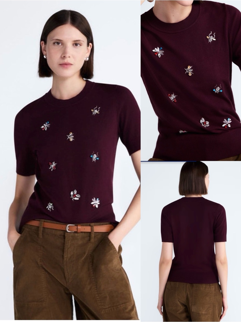 Embellished Short-Sleeve Knit Top in Deep Plum